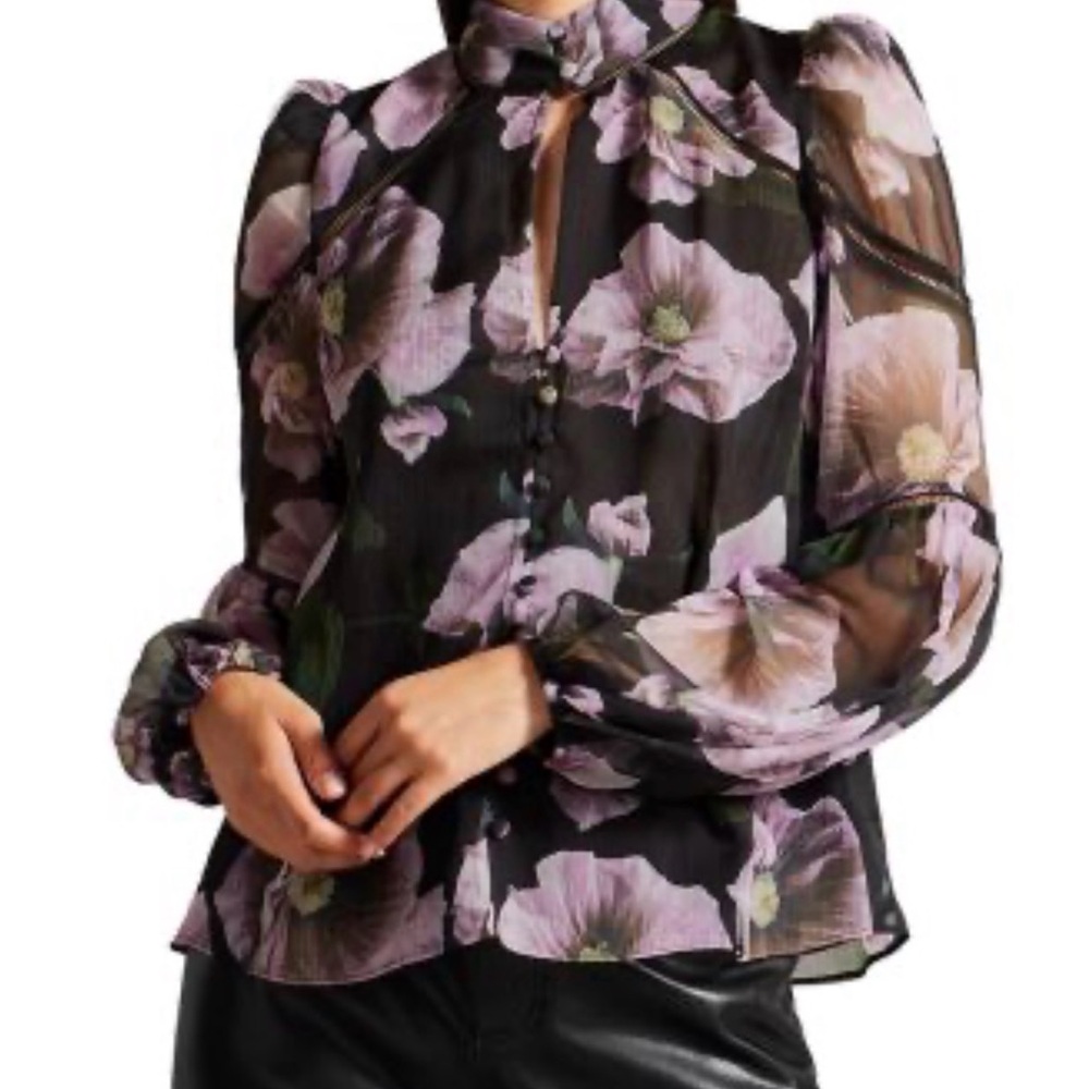 Ted Baker Black Floral Sheer Puff-Sleeve Blouse with Lilac Blooms TED 1